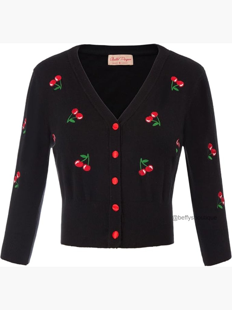 Vintage Cherry Embroidered Cropped Cardigan 3/4 Sleeve V-Neck